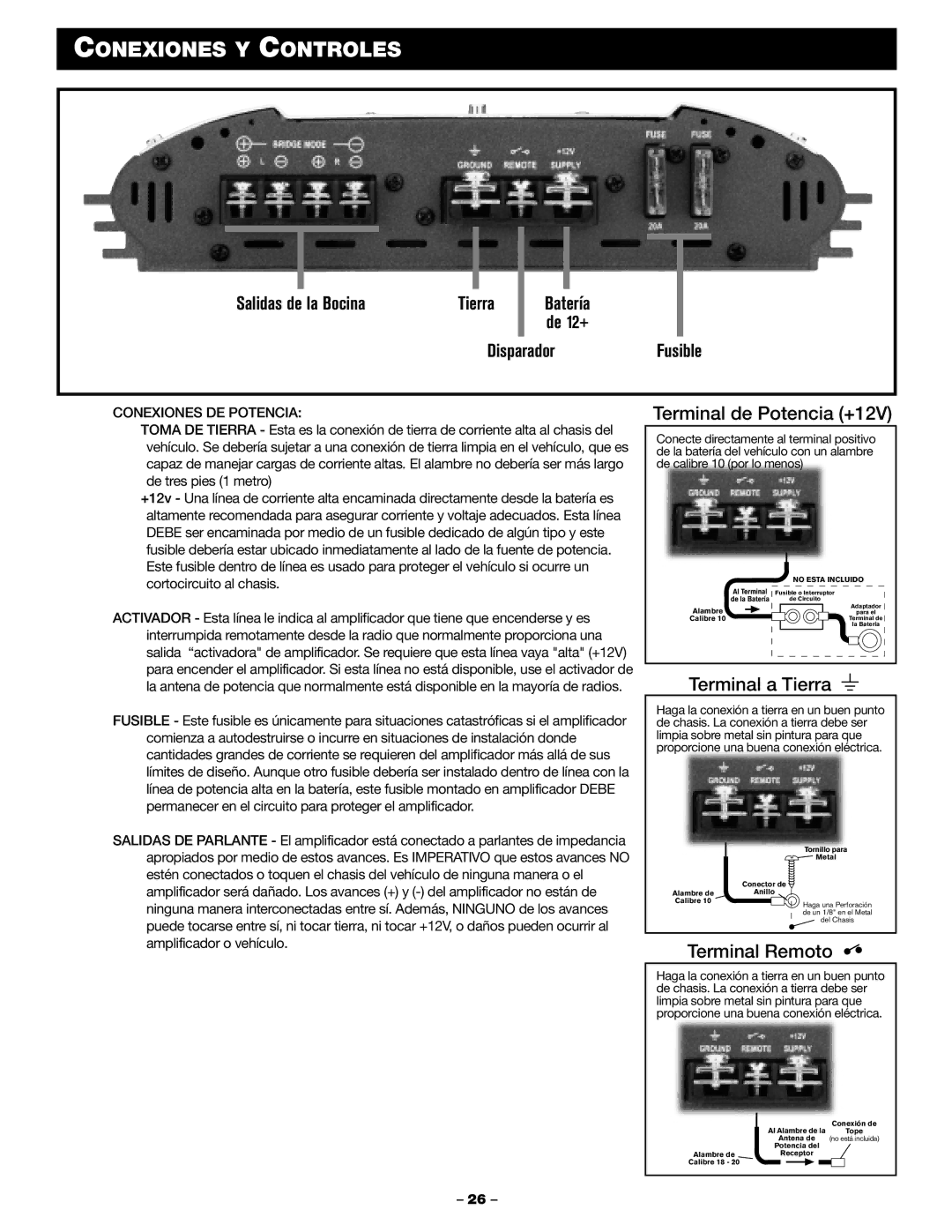 Blaupunkt PCA 2100, PCA 250 manual Conexiones Y Controles, Salidas de la Bocina, DisparadorFusible, Conexiones DE Potencia 
