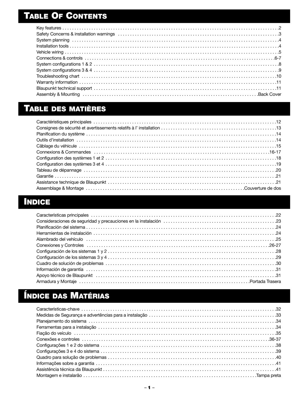 Blaupunkt PCA 250, PCA 2100 manual Indice, Table of Contents, Table DES Matières, Índice DAS Matérias 