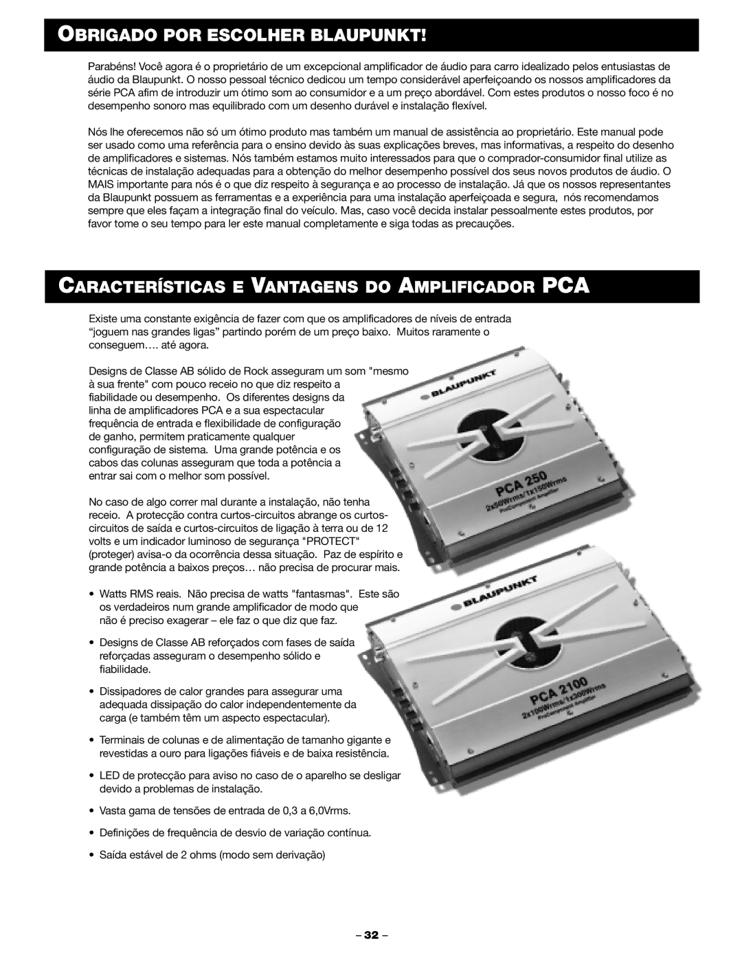 Blaupunkt PCA 2100, PCA 250 manual Obrigado POR Escolher Blaupunkt, Características E Vantagens do Amplificador PCA 