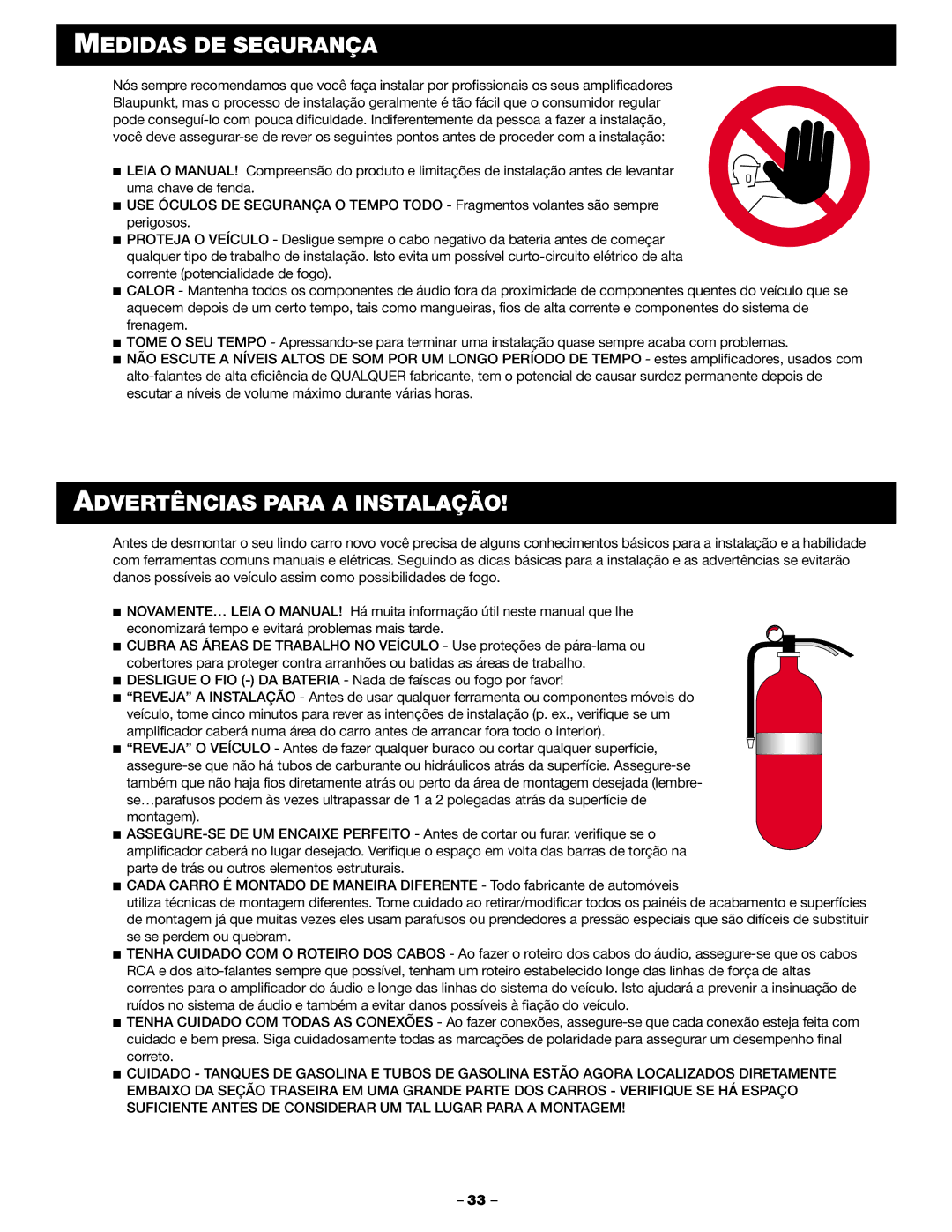 Blaupunkt PCA 250, PCA 2100 manual Medidas DE Segurança, Advertências Para a Instalação 