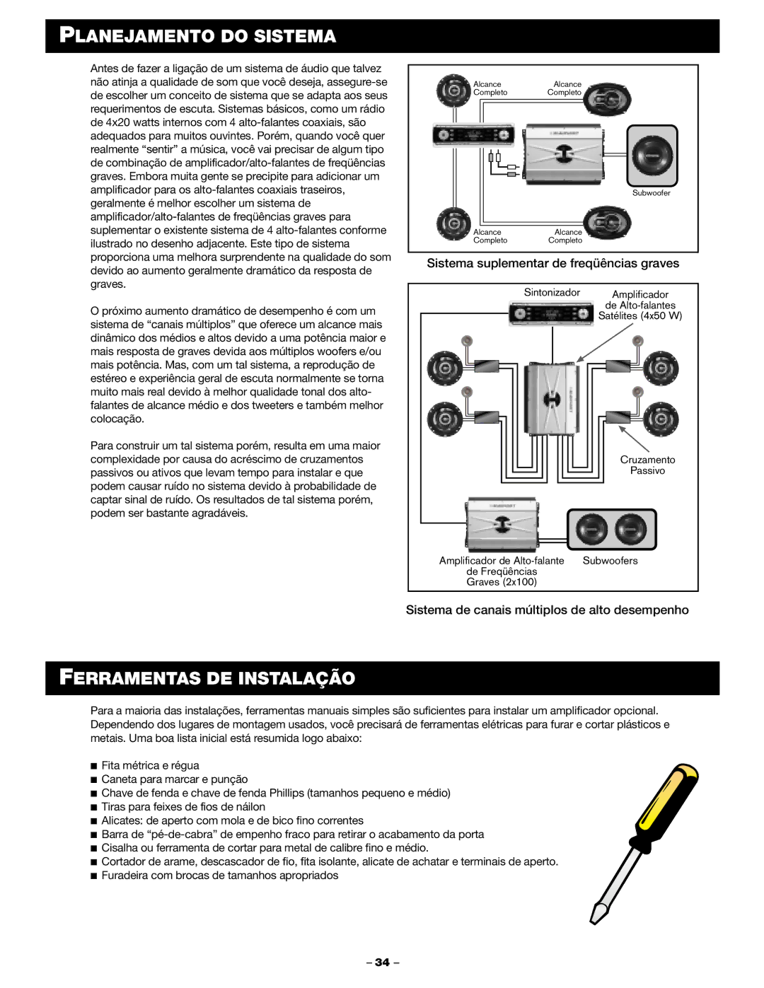 Blaupunkt PCA 2100, PCA 250 manual Planejamento do Sistema, Ferramentas DE Instalação 