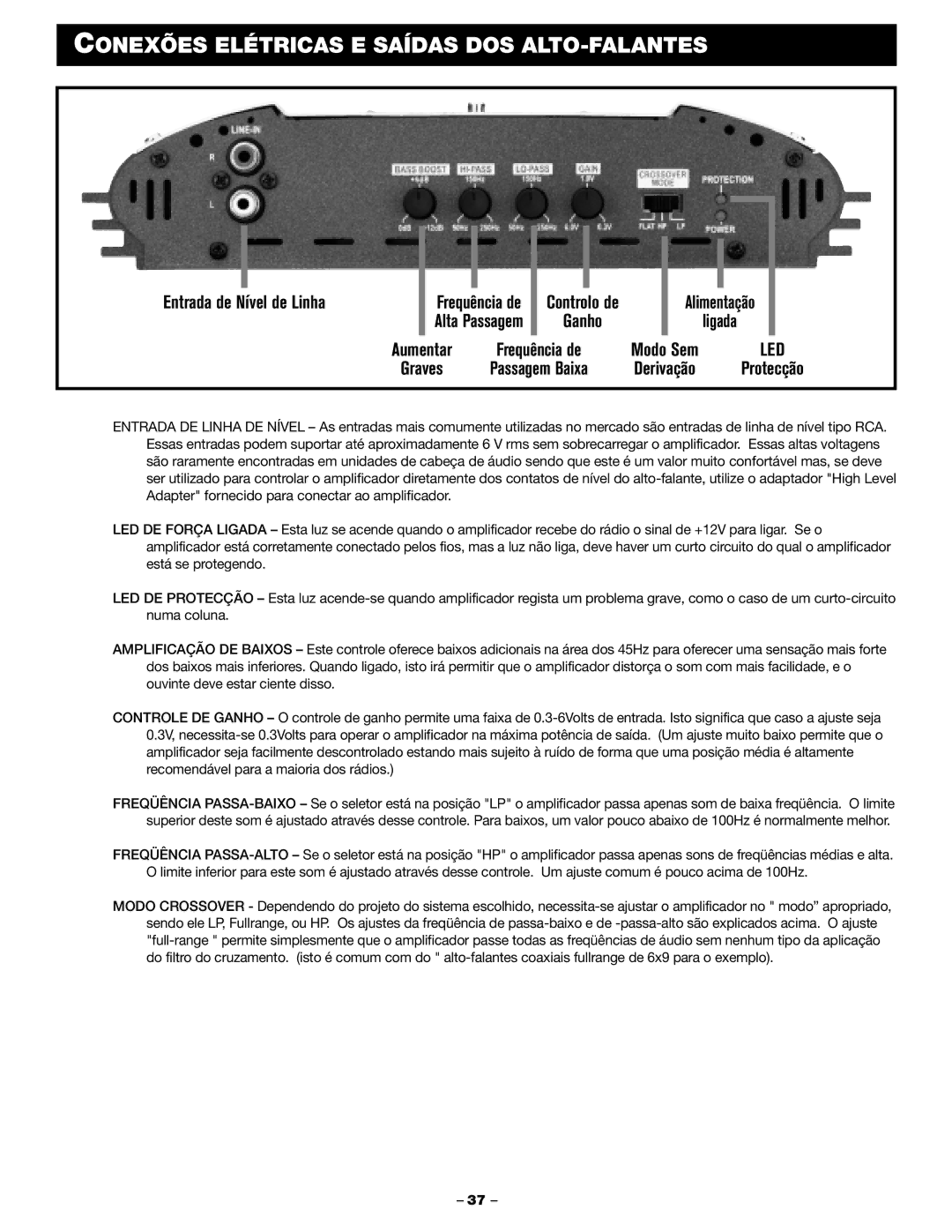 Blaupunkt PCA 250, PCA 2100 manual Conexões Elétricas E Saídas DOS ALTO-FALANTES, Entrada de Nível de Linha 