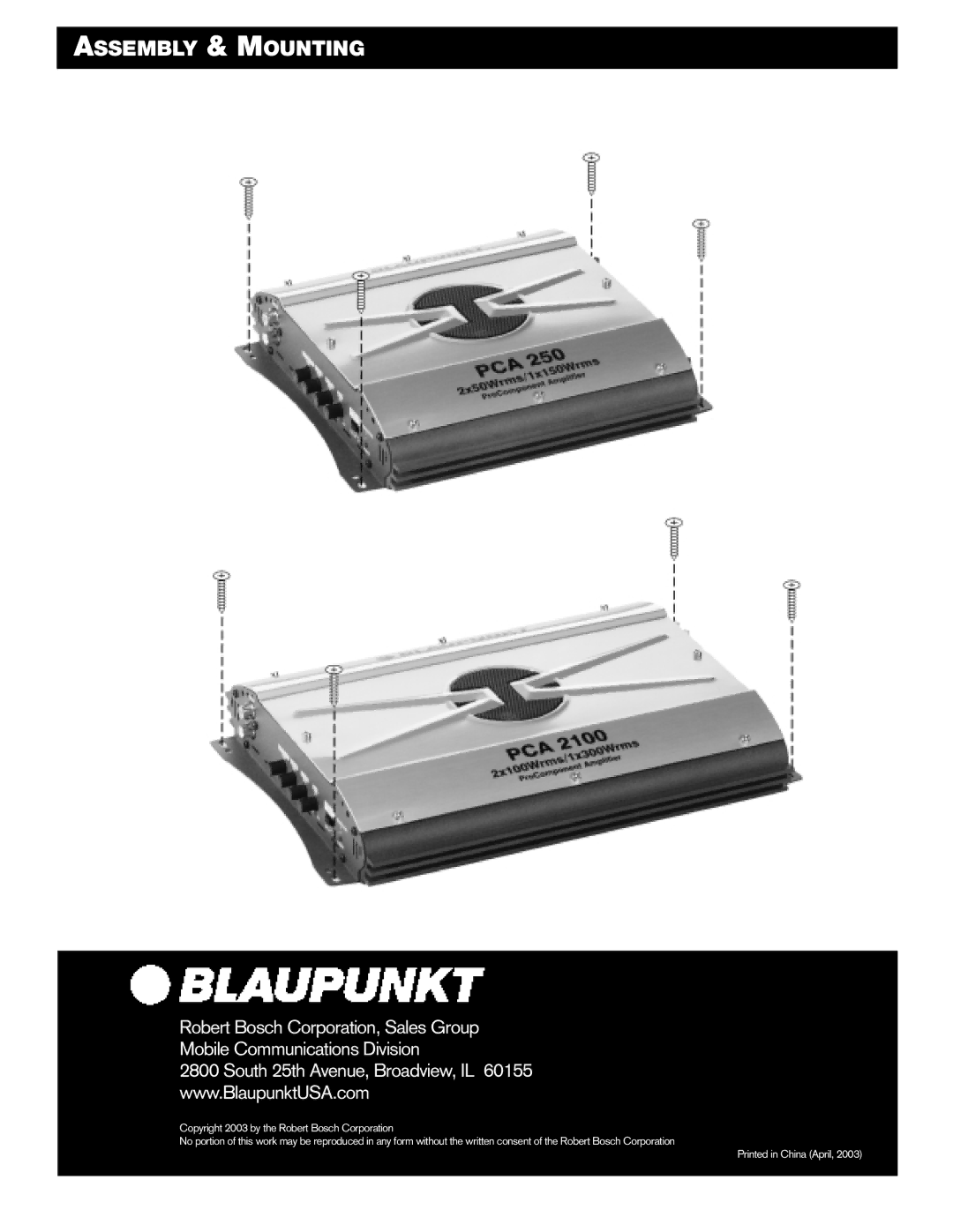 Blaupunkt PCA 2100, PCA 250 manual Assembly & Mounting 