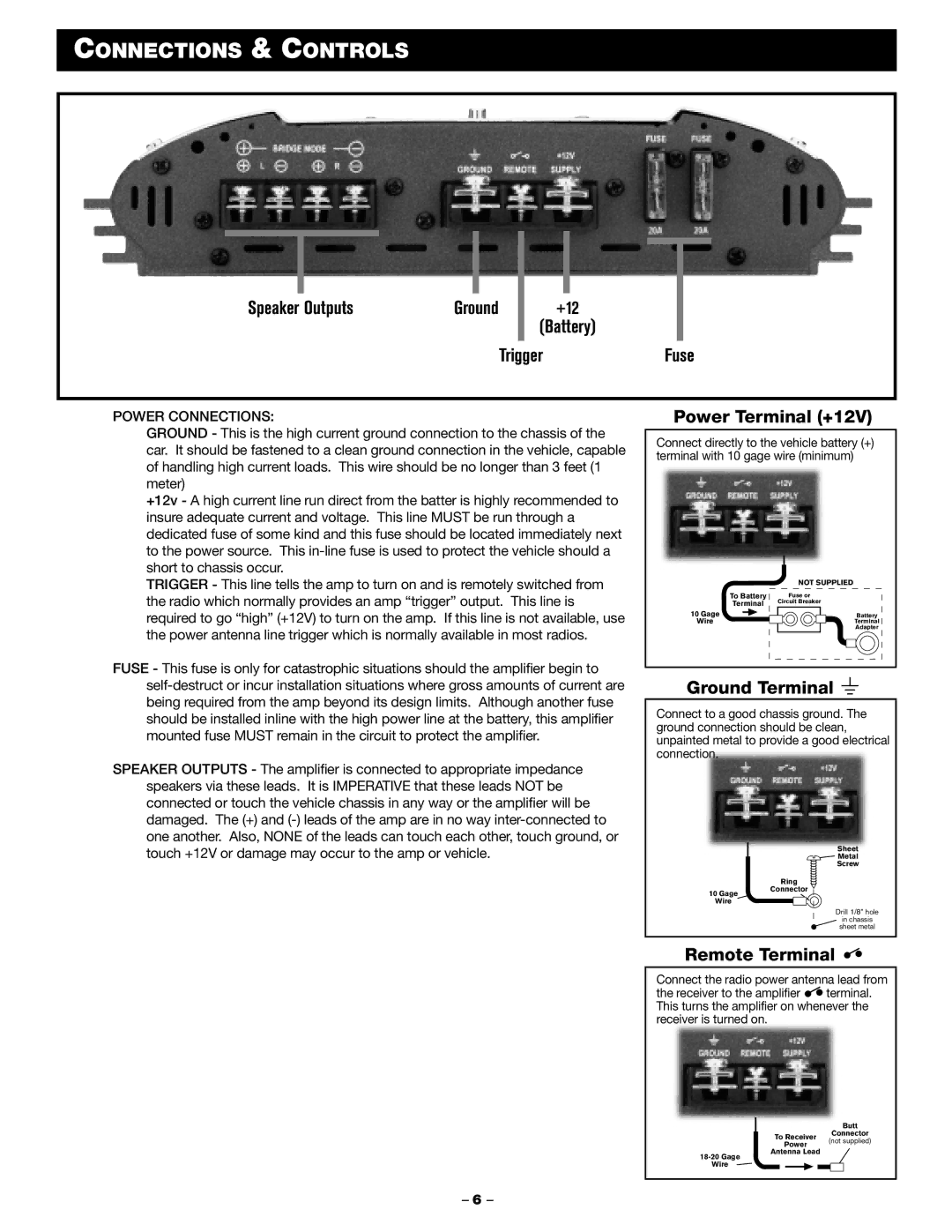 Blaupunkt PCA 2100, PCA 250 manual Connections & Controls, +12, TriggerFuse, Power Connections 