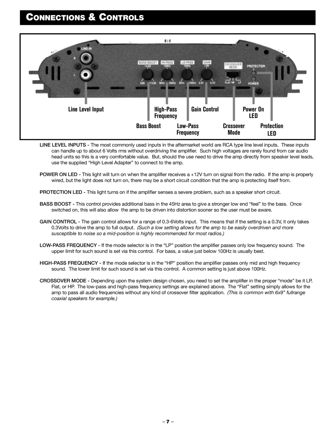 Blaupunkt PCA 250, PCA 2100 manual Line Level Input, Gain Control Power On, Bass Boost Low-Pass, Frequency 