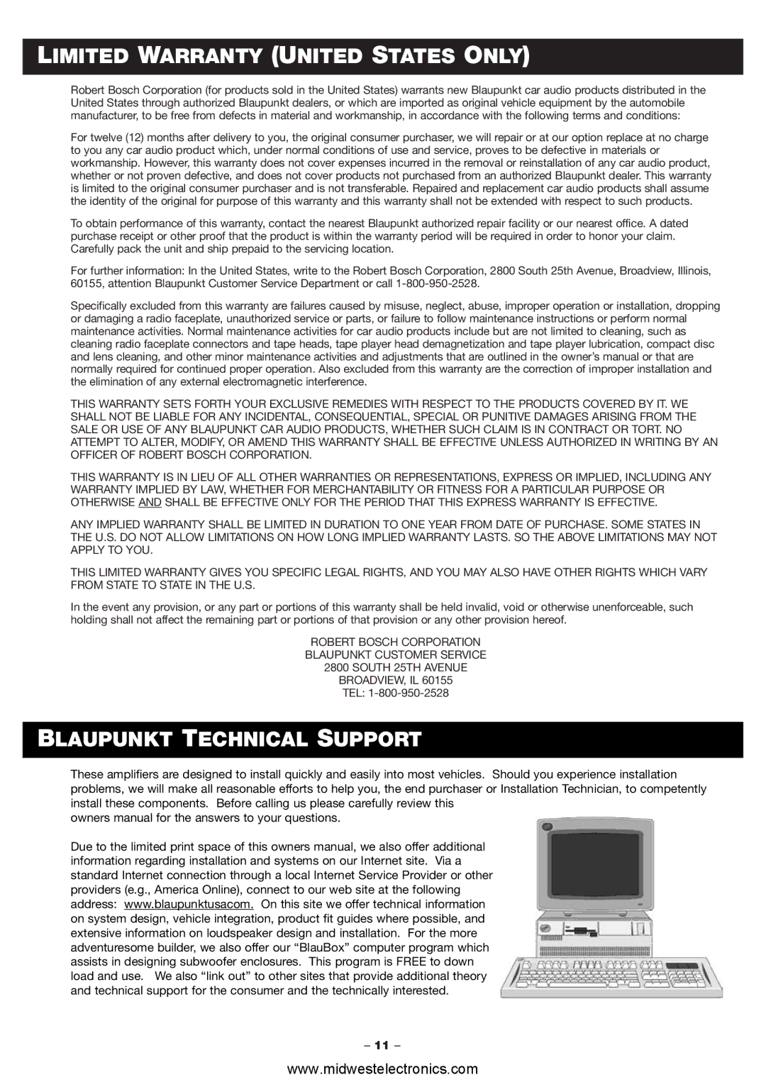 Blaupunkt PCA260, PCA2120 manual Limited Warranty United States only, Blaupunkt Technical Support 