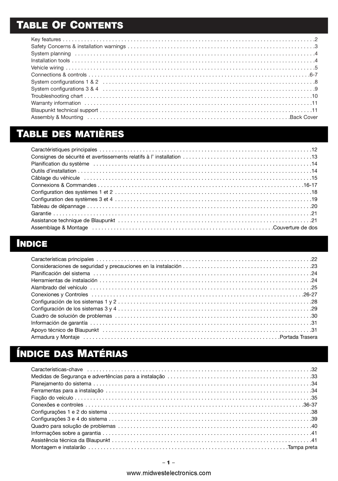 Blaupunkt PCA260, PCA2120 manual Table of Contents, Table DES Matières, Índice DAS Matérias 