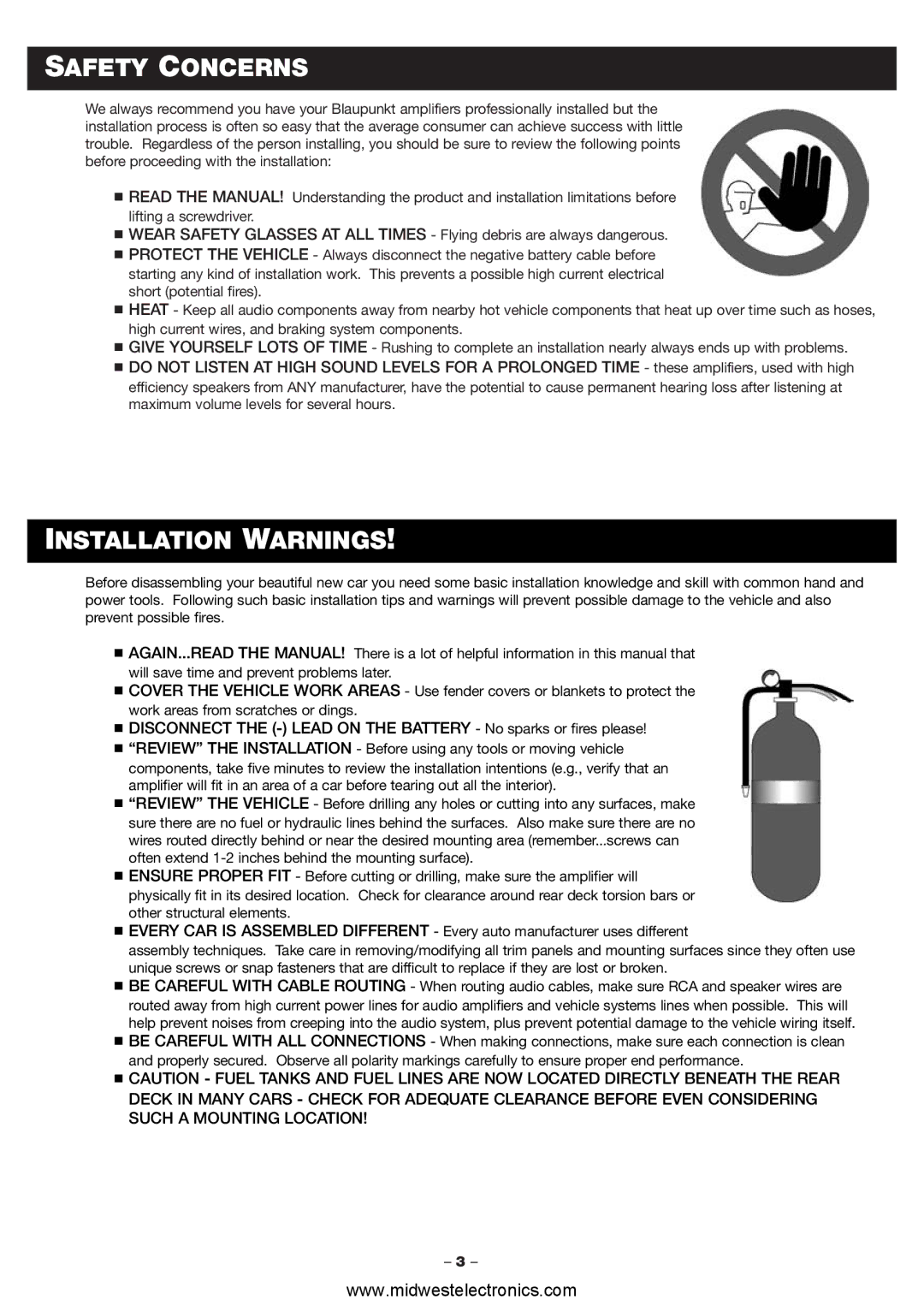 Blaupunkt PCA260, PCA2120 manual Safety Concerns, Installation Warnings 