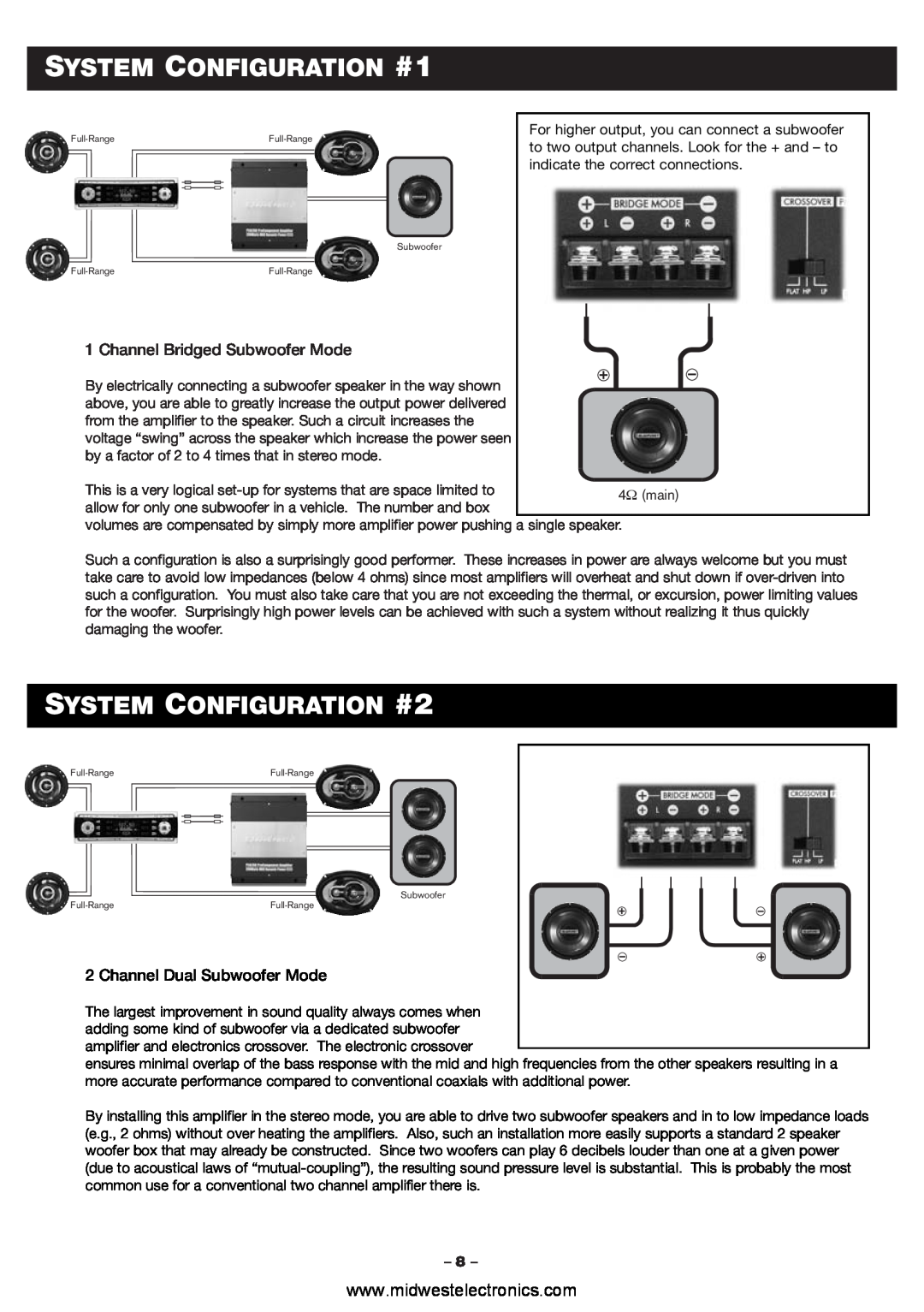 Blaupunkt PCA2120, PCA260 manual SYSTEM CONFIGURATION #1, SYSTEM CONFIGURATION #2, Channel Bridged Subwoofer Mode 