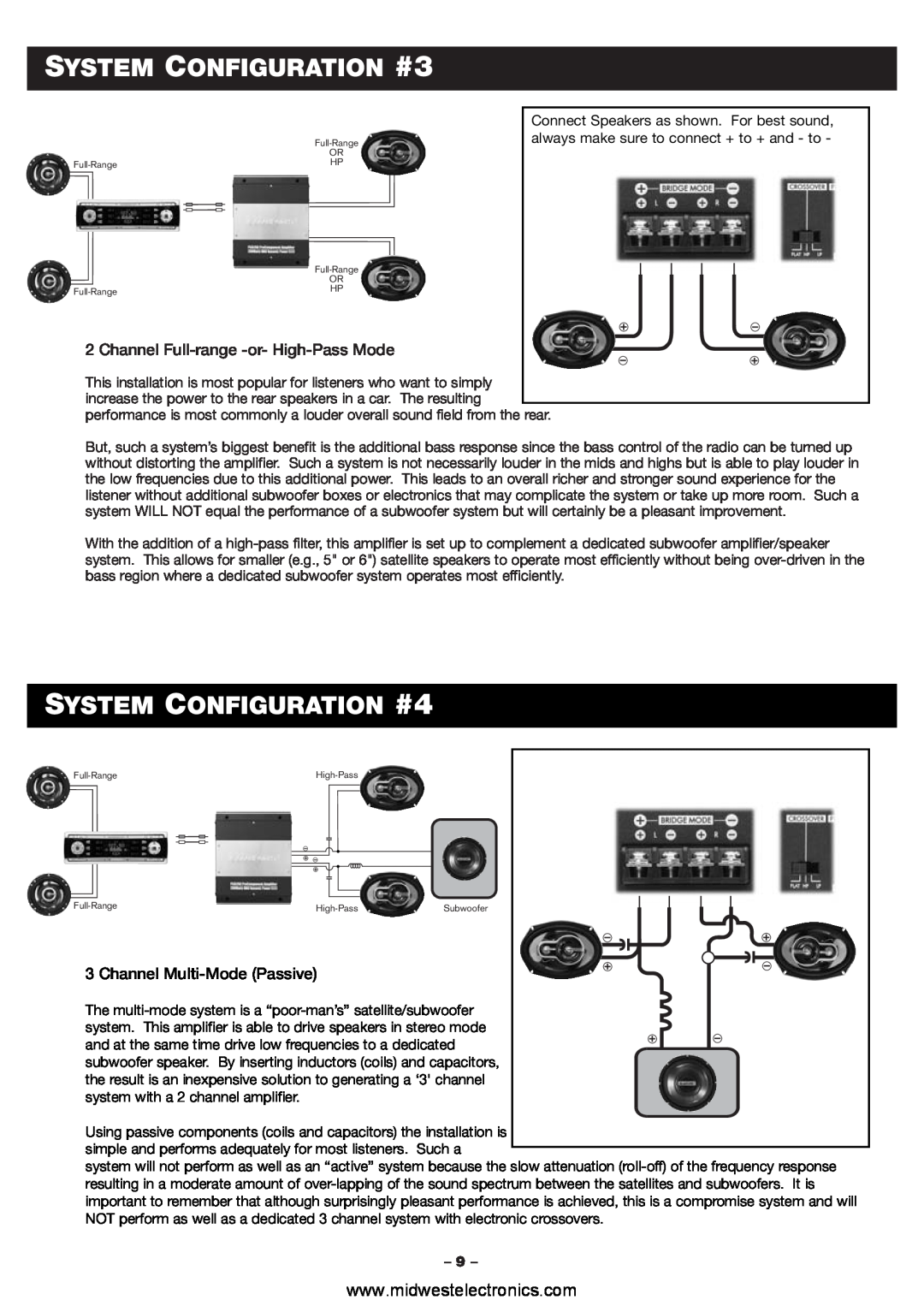 Blaupunkt PCA260, PCA2120 manual SYSTEM CONFIGURATION #3, SYSTEM CONFIGURATION #4, Channel Full-range -or- High-PassMode 