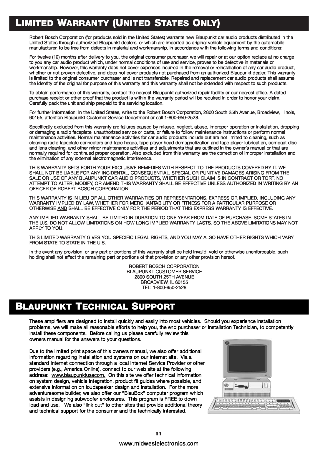 Blaupunkt PCA260, PCA2120 manual Limited Warranty United States Only, Blaupunkt Technical Support 