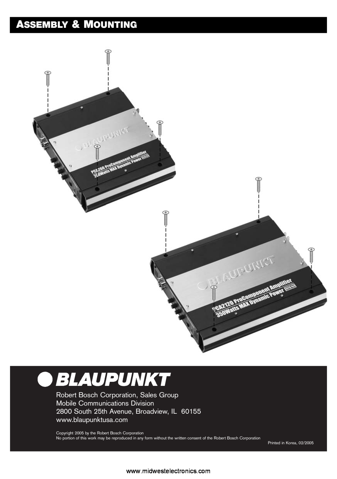 Blaupunkt PCA2120, PCA260 manual Assembly & Mounting, Copyright 2005 by the Robert Bosch Corporation 