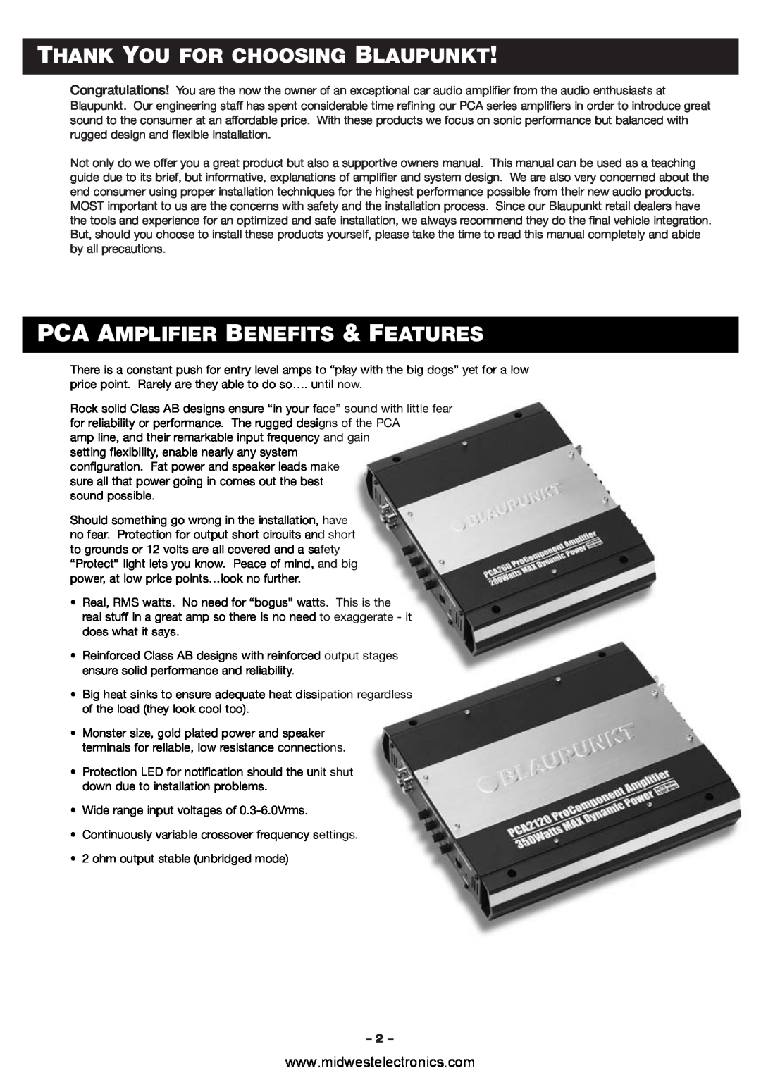 Blaupunkt PCA2120, PCA260 manual Thank You For Choosing Blaupunkt, Pca Amplifier Benefits & Features 