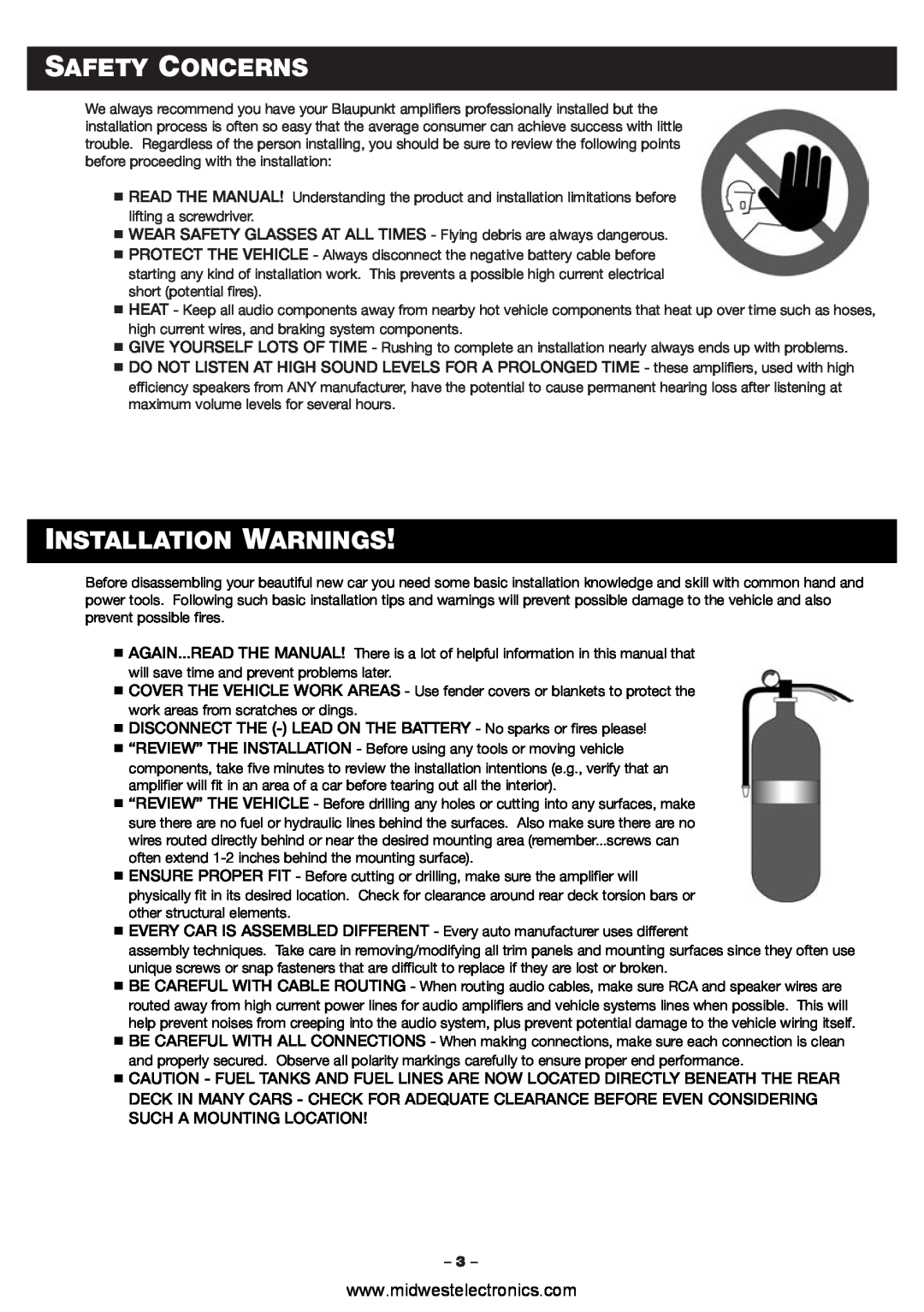 Blaupunkt PCA260, PCA2120 manual Safety Concerns, Installation Warnings 