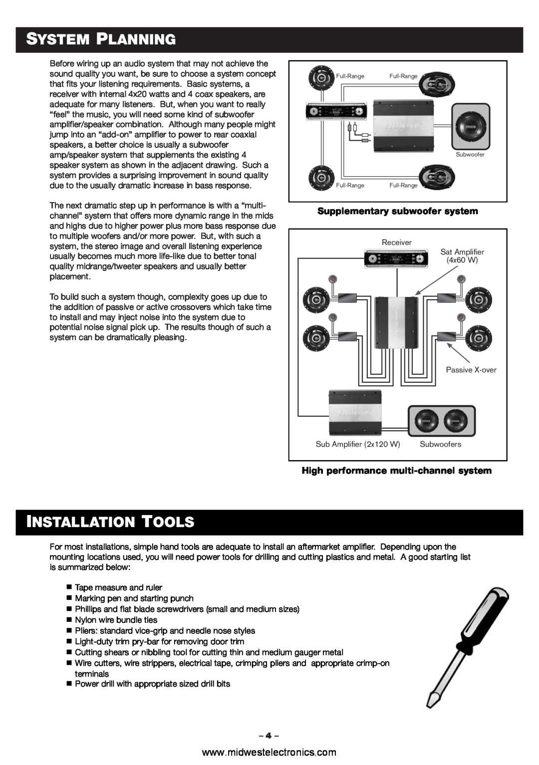 Blaupunkt PCA2120, PCA260 manual System Planning, Installation Tools, Supplementary subwoofer system 