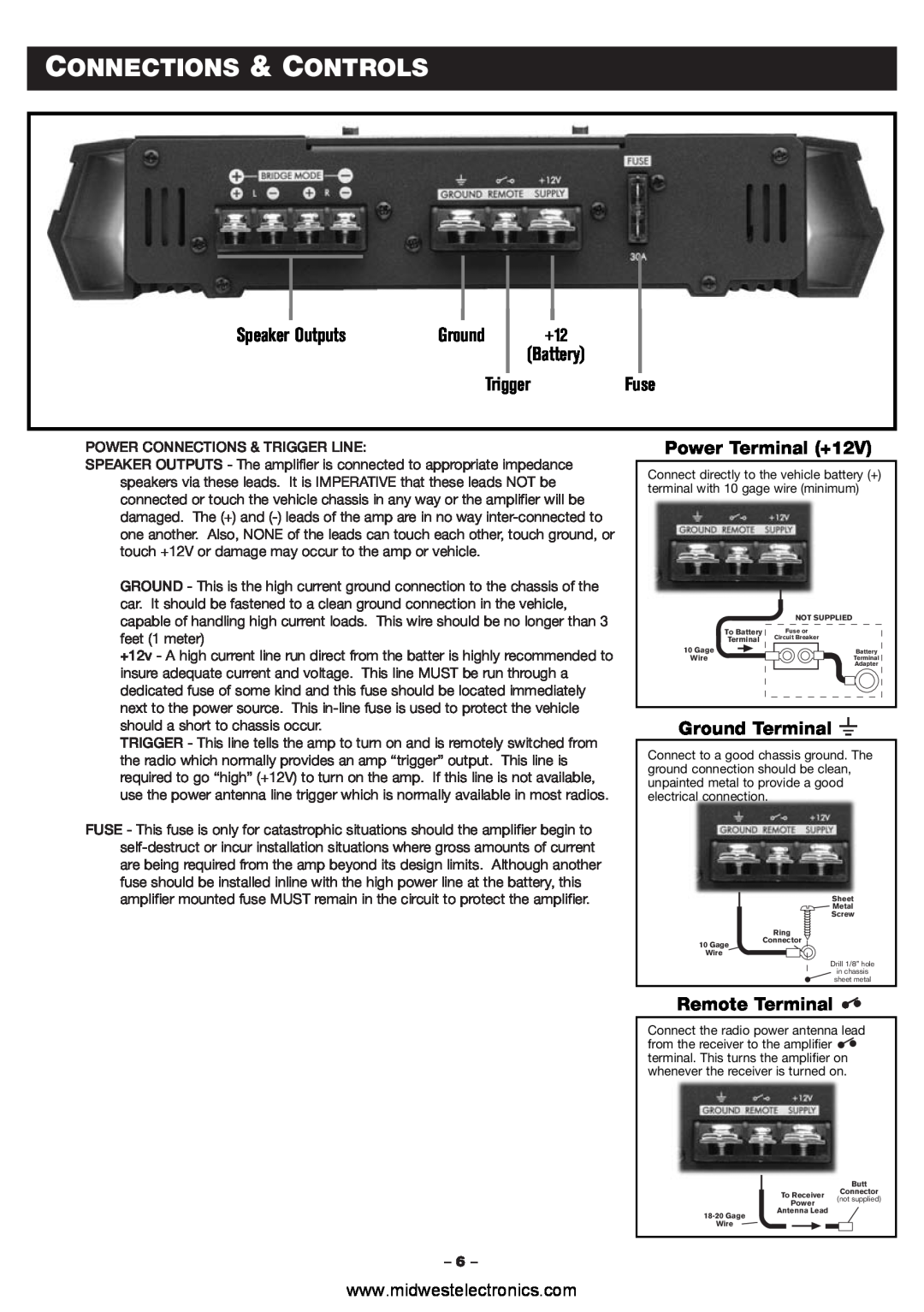 Blaupunkt PCA2120 Connections & Controls, Power Terminal +12V, Ground Terminal, Remote Terminal, Speaker Outputs, Fuse 