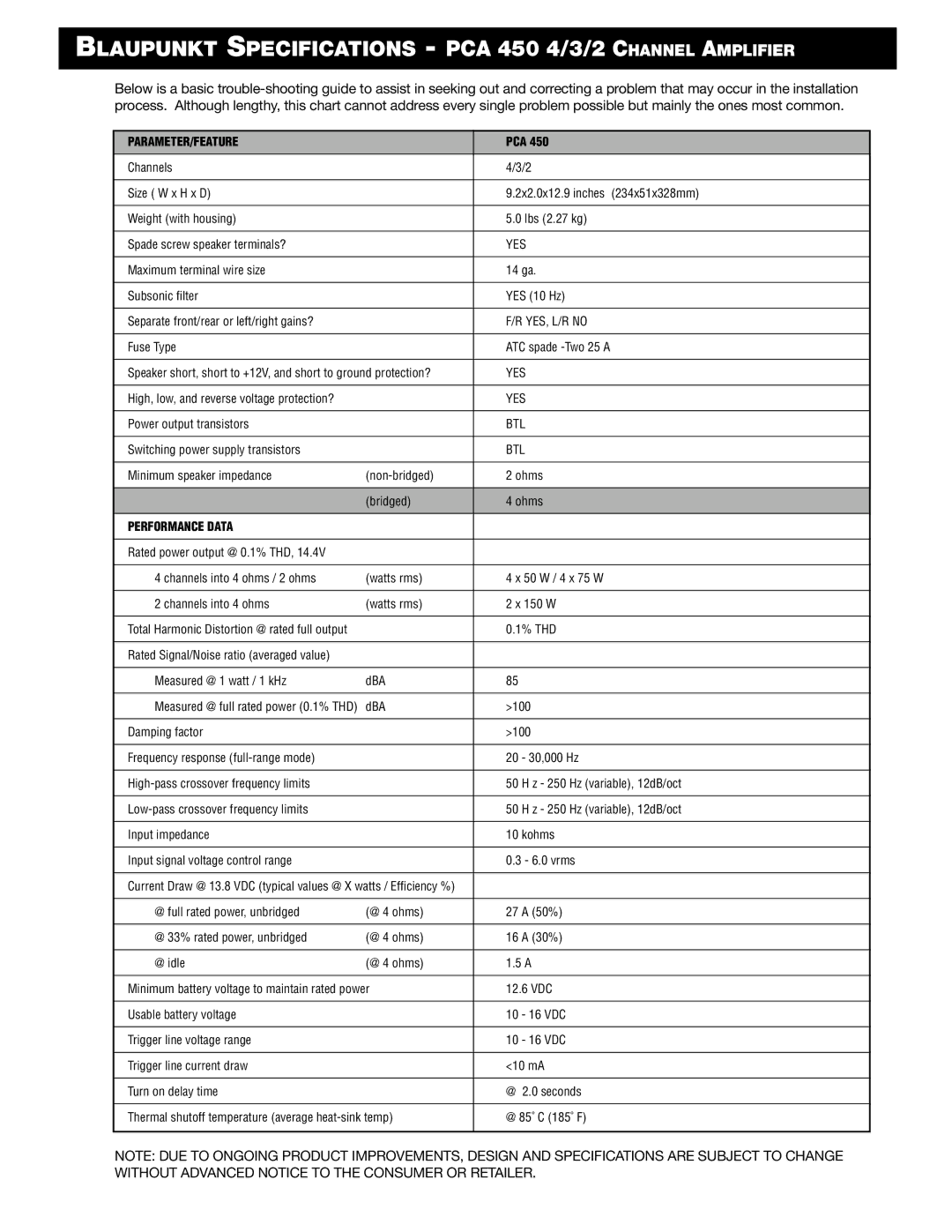 Blaupunkt PCA450 manual Blaupunkt Specifications PCA 450 4/3/2 Channel Amplifier, Parameter/Feature 