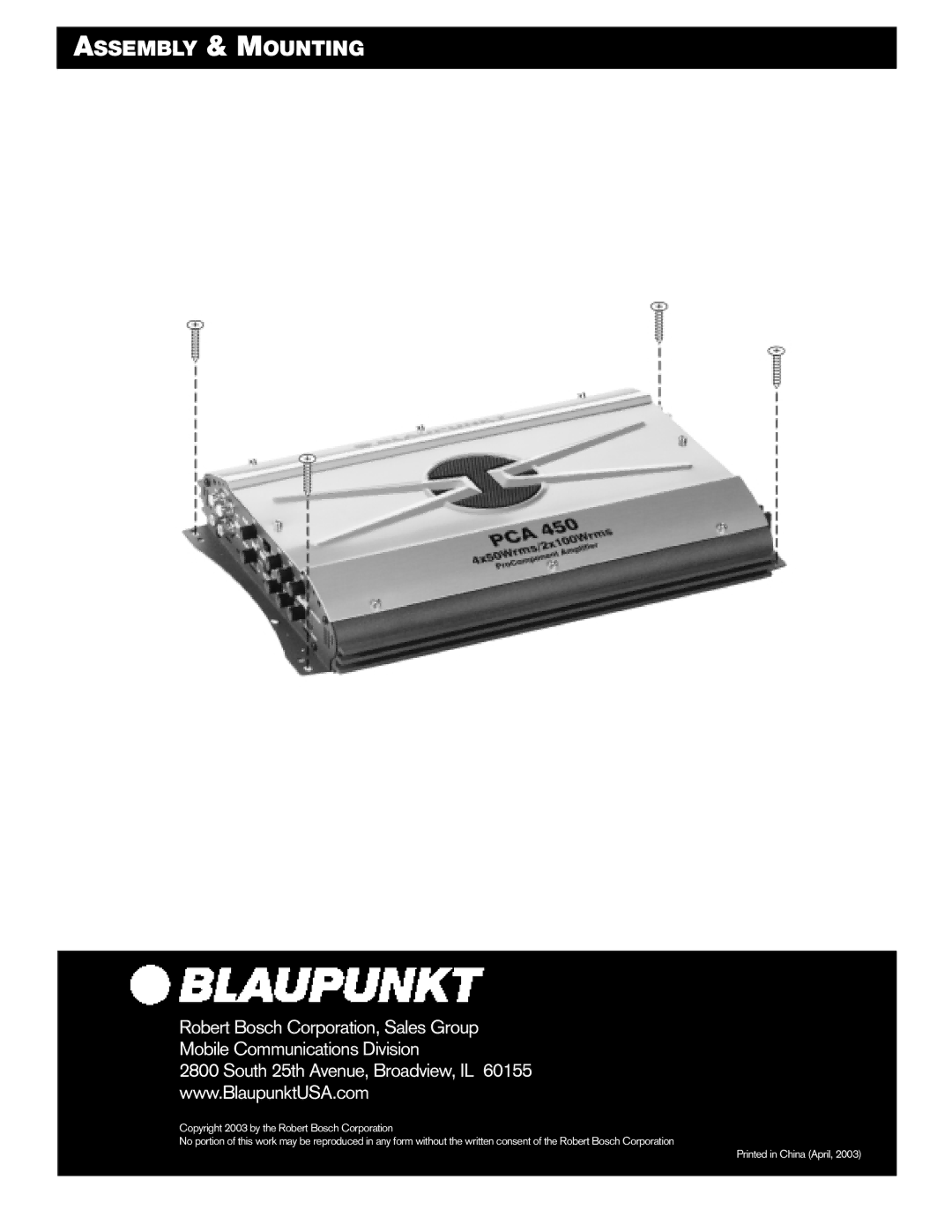 Blaupunkt PCA450 manual Assembly & Mounting 