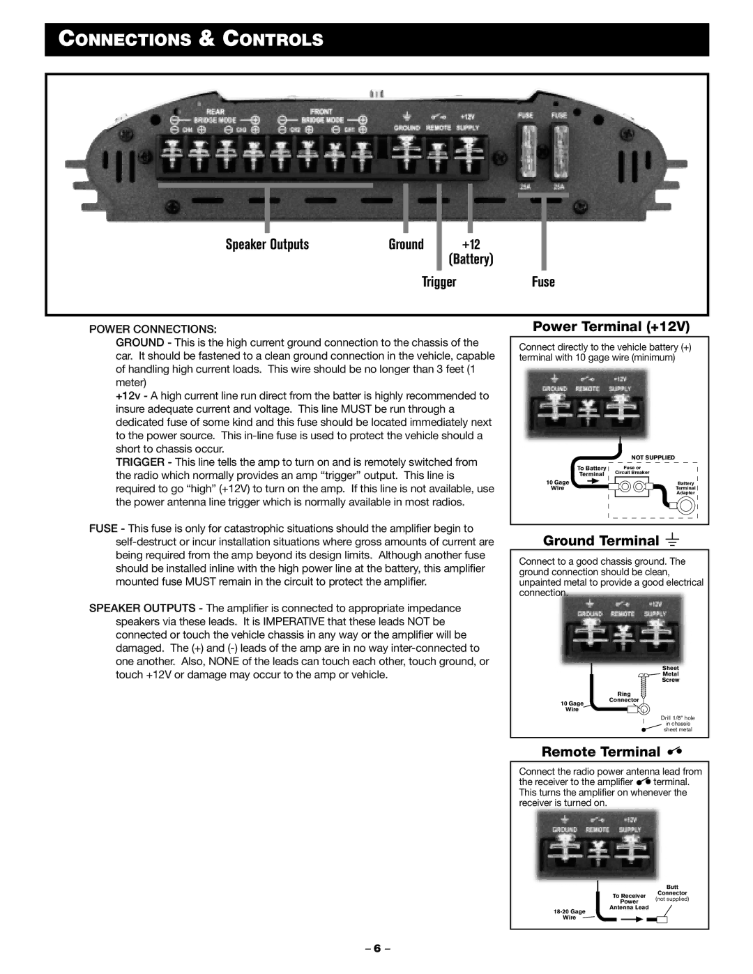 Blaupunkt PCA450 manual Connections & Controls, Speaker Outputs, +12 Battery TriggerFuse, Power Connections 