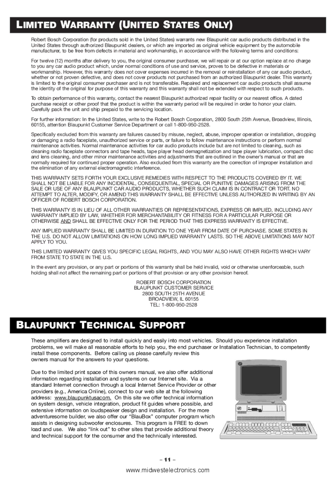 Blaupunkt PCA460 manual Limited Warranty United States only, Blaupunkt Technical Support 