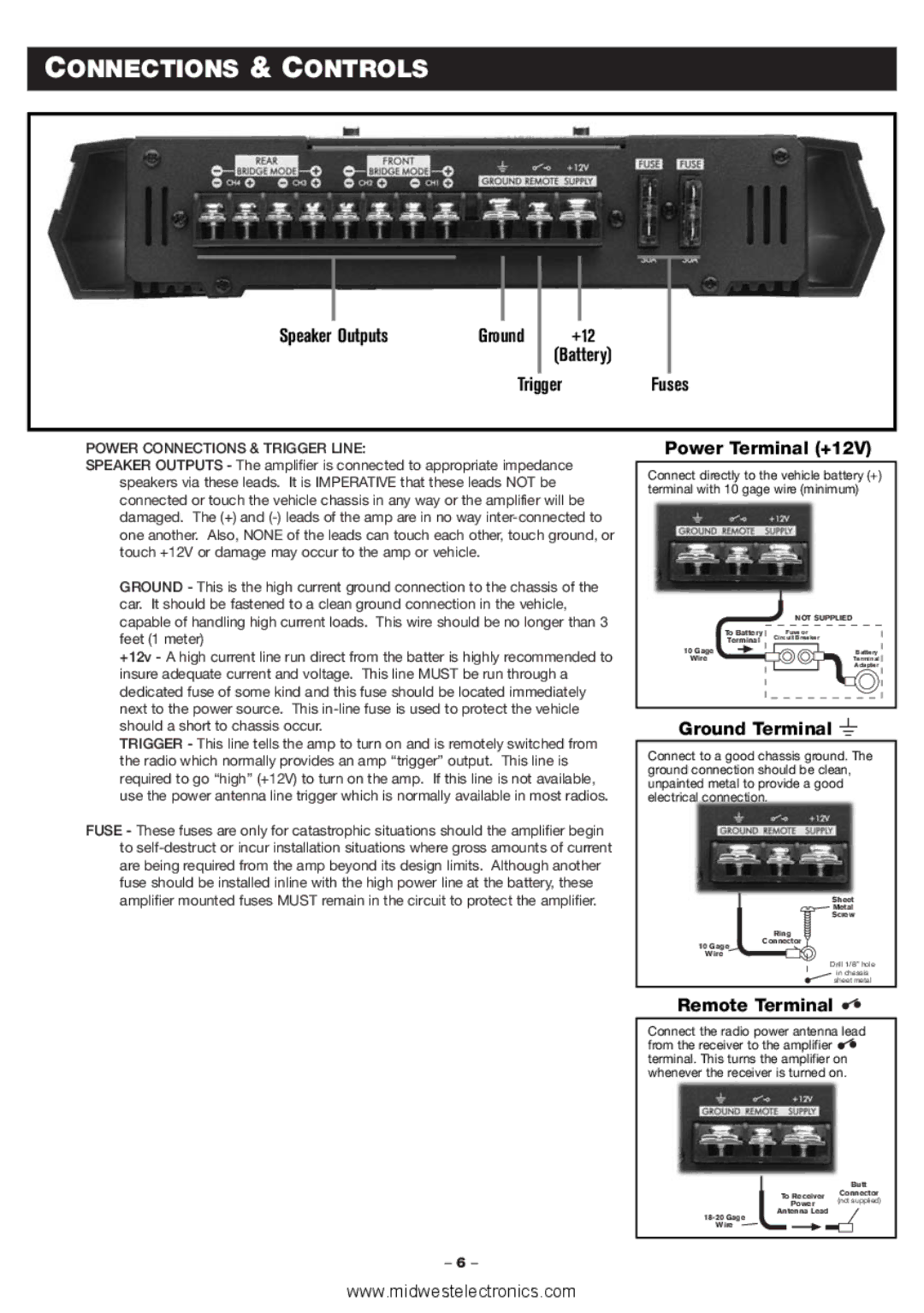 Blaupunkt PCA460 manual Connections & Controls, +12 Battery TriggerFuses 