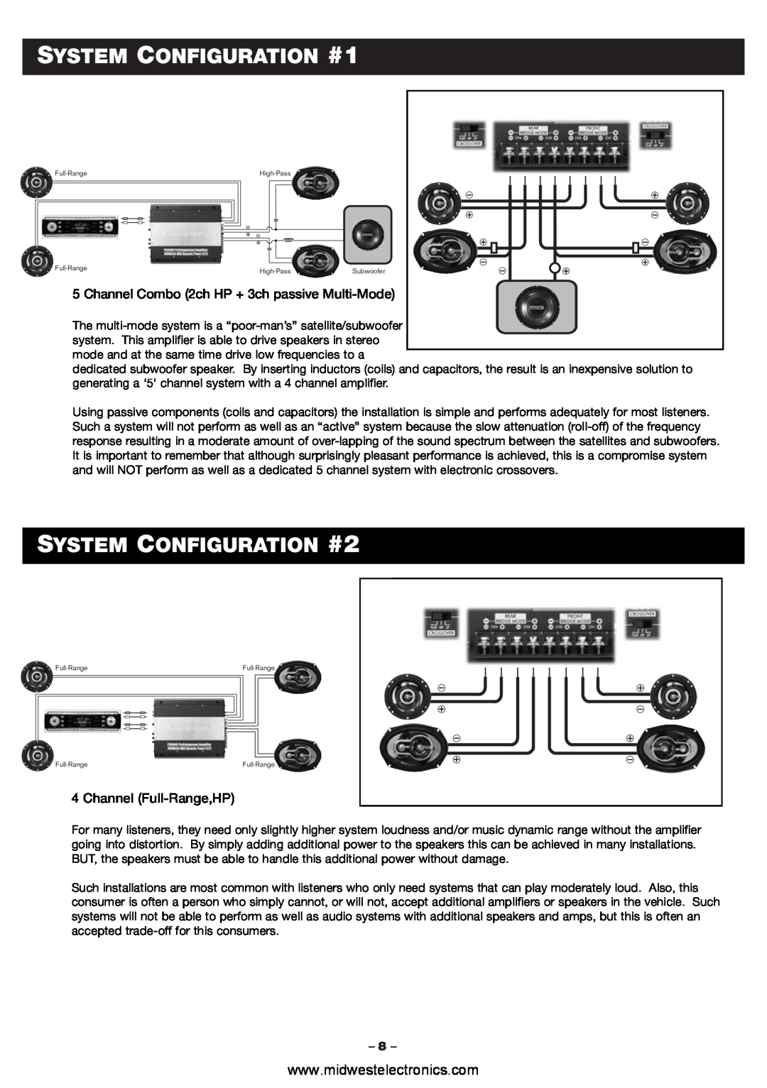 Blaupunkt PCA460 manual SYSTEM CONFIGURATION #1, SYSTEM CONFIGURATION #2, Channel Combo 2ch HP + 3ch passive Multi-Mode 