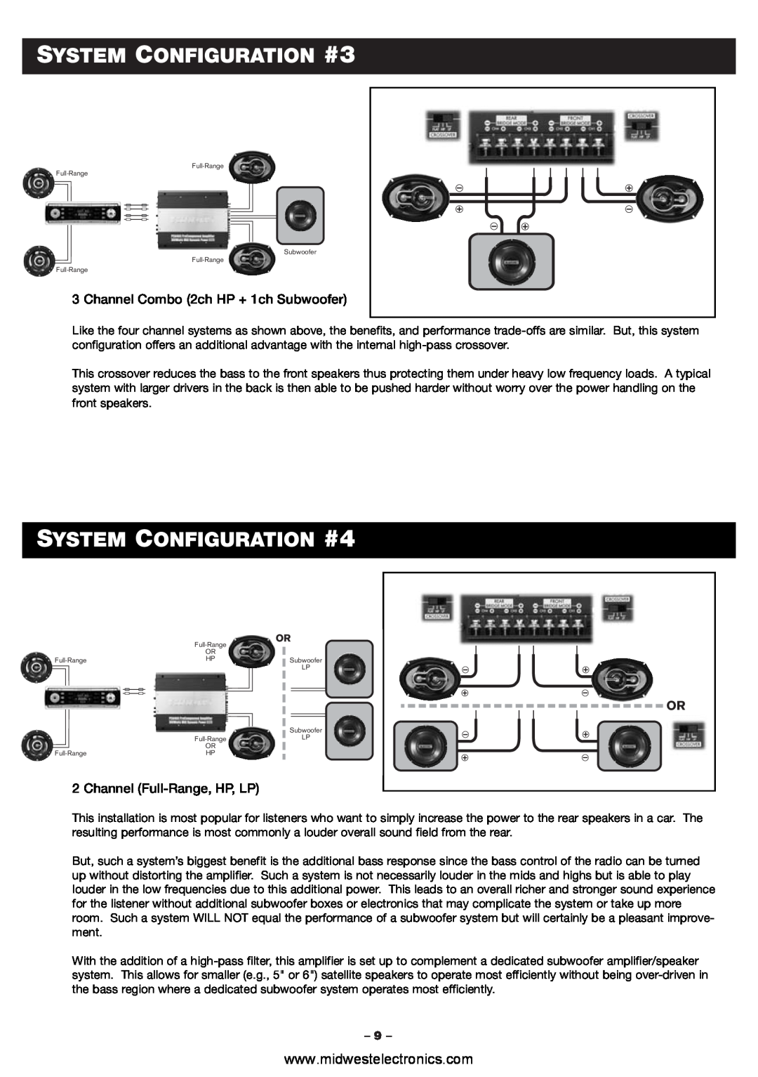 Blaupunkt PCA460 manual SYSTEM CONFIGURATION #3, SYSTEM CONFIGURATION #4, Channel Combo 2ch HP + 1ch Subwoofer 