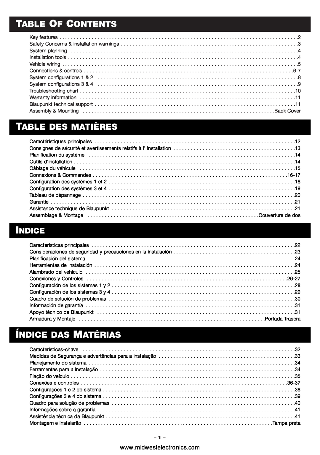 Blaupunkt PCA460 manual Table Of Contents, Table Des Matières, Índice Das Matérias, Indice 