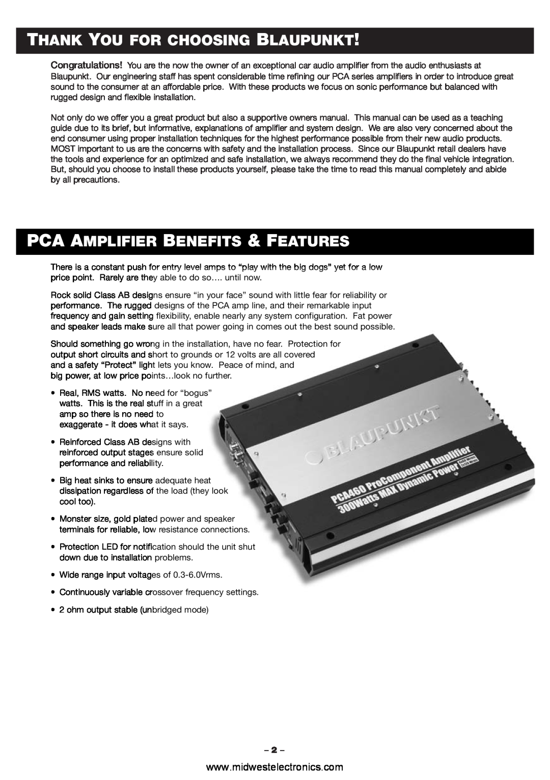 Blaupunkt PCA460 manual Thank You For Choosing Blaupunkt, Pca Amplifier Benefits & Features 