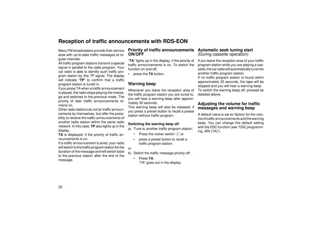 Blaupunkt RCC 24 operating instructions Reception of traffic announcements with RDS-EON, During cassette operation 