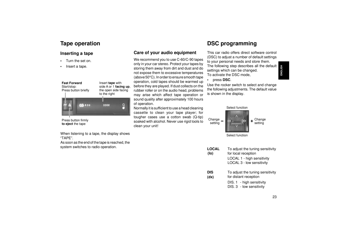 Blaupunkt RCC 24 operating instructions Tape operation, DSC programming, Inserting a tape, Care of your audio equipment 