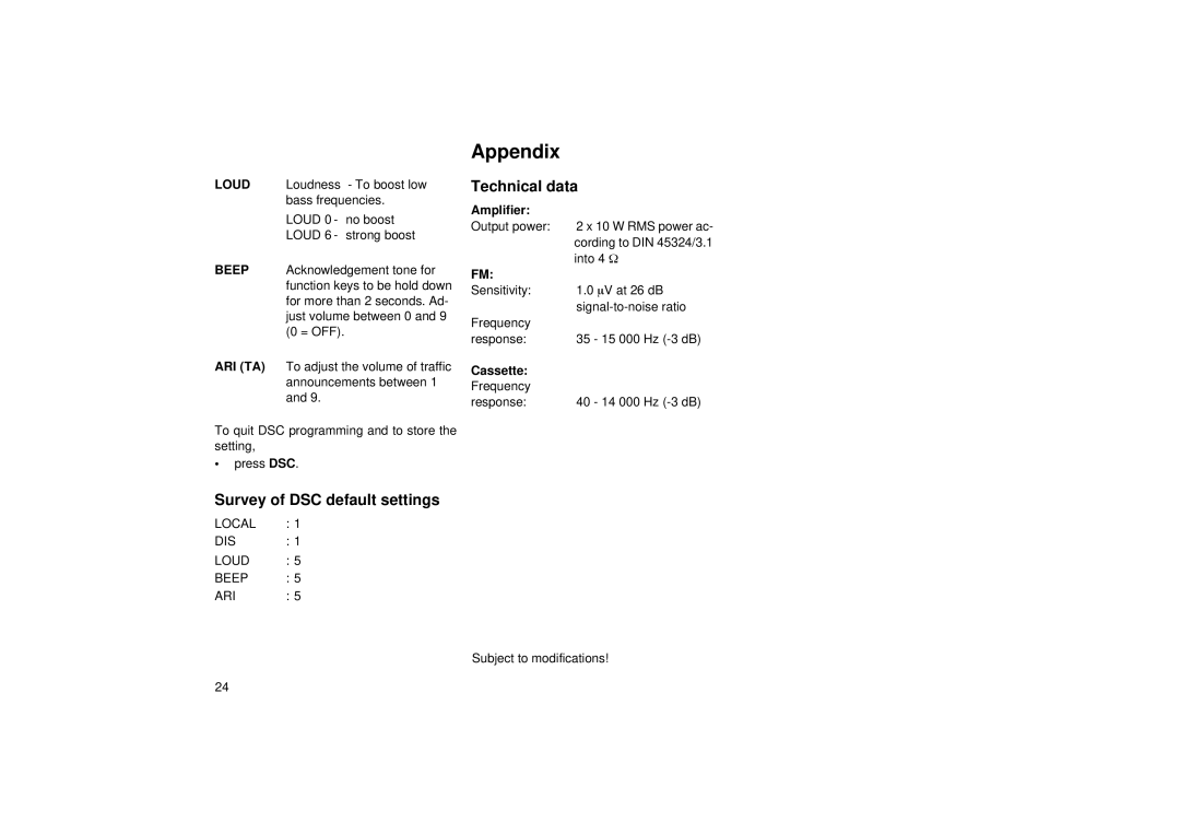 Blaupunkt RCC 24 operating instructions Appendix, Technical data, Survey of DSC default settings, Cassette 