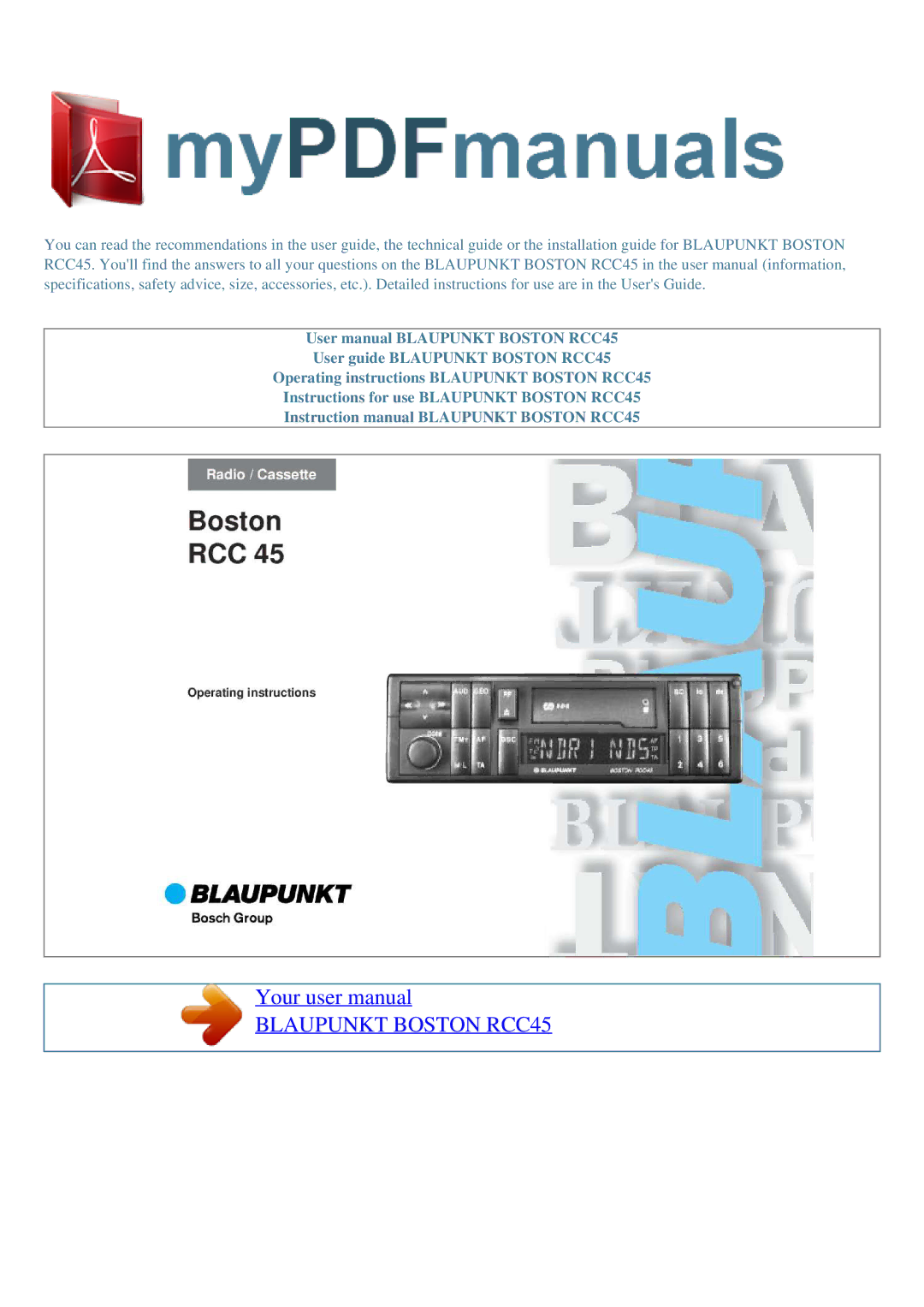 Blaupunkt user manual Blaupunkt Boston RCC45 