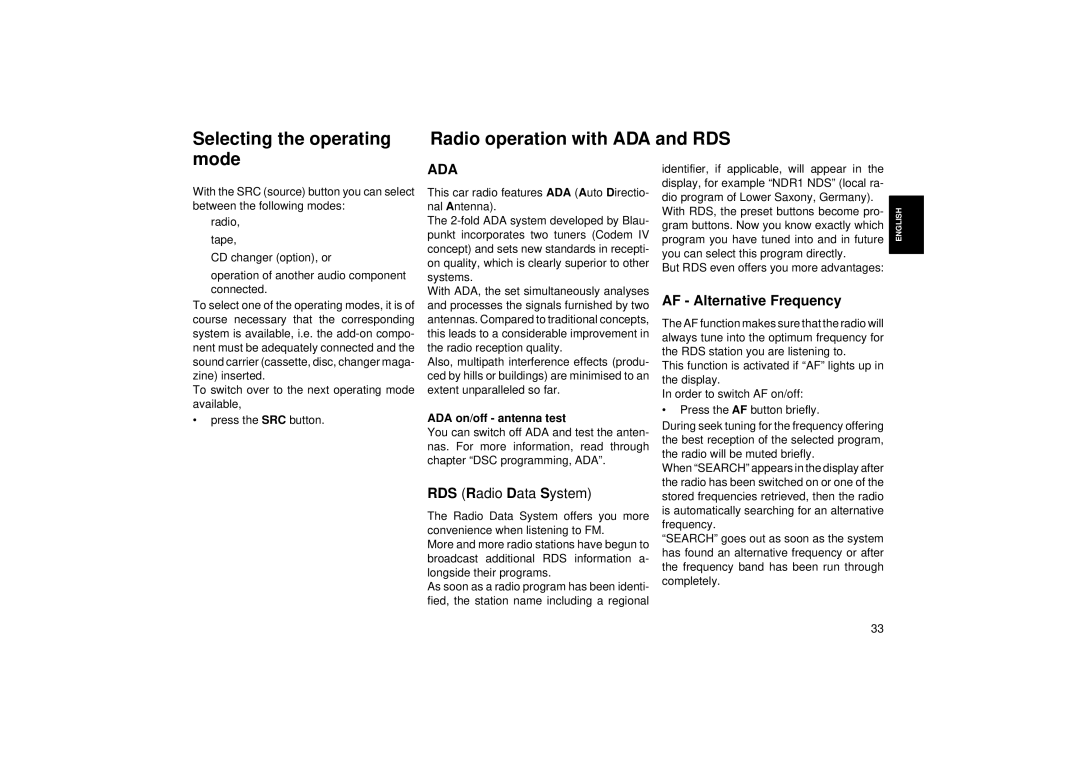 Blaupunkt RCM 104 A operating instructions RDS Radio Data System, AF Alternative Frequency, ADA on/off antenna test 