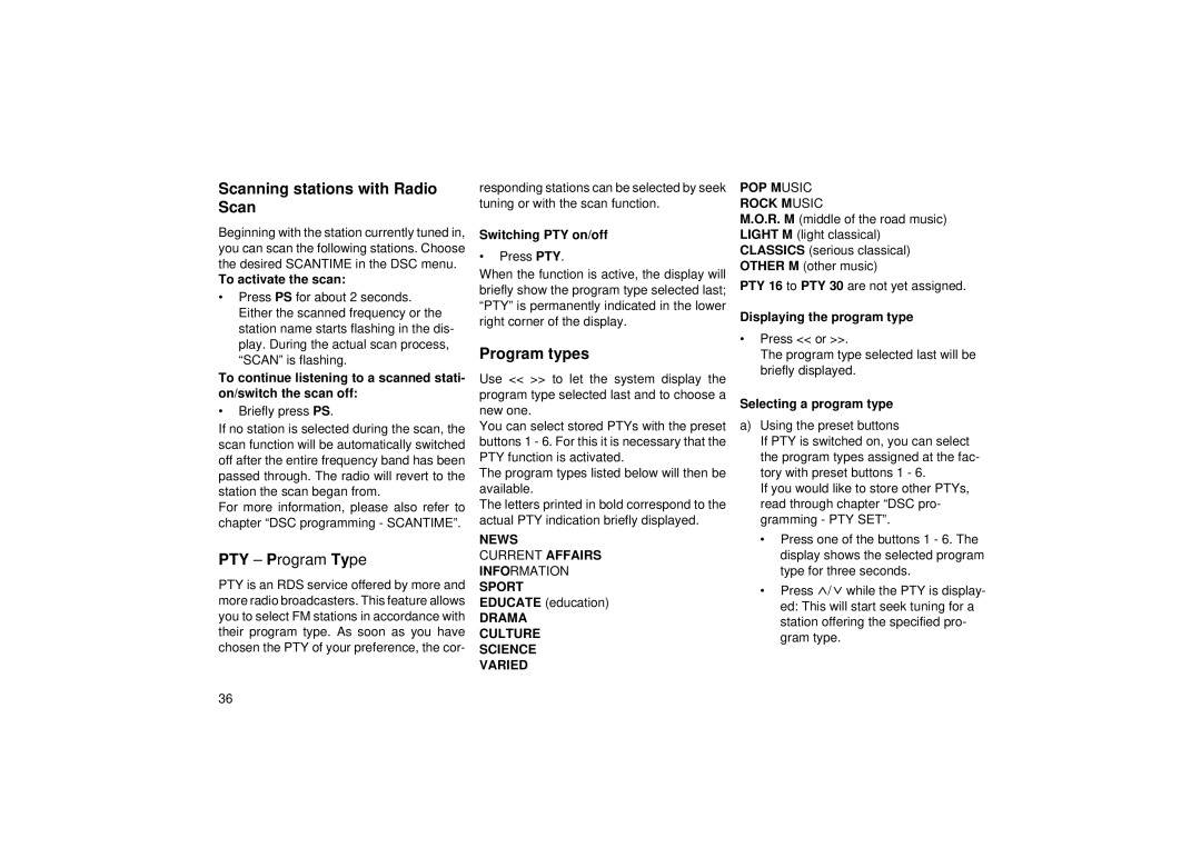 Blaupunkt RCM 104 A operating instructions Scanning stations with Radio Scan, PTY Program Type, Program types 