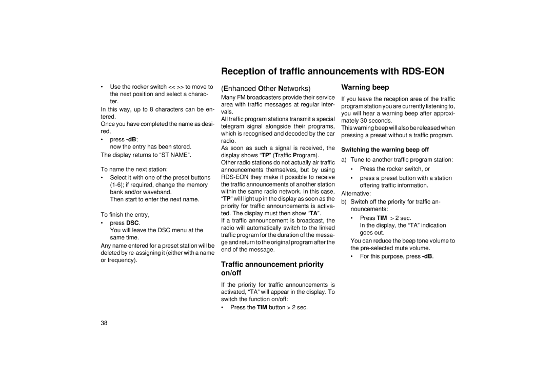 Blaupunkt RCM 104 A operating instructions Reception of traffic announcements with RDS-EON, Enhanced Other Networks 