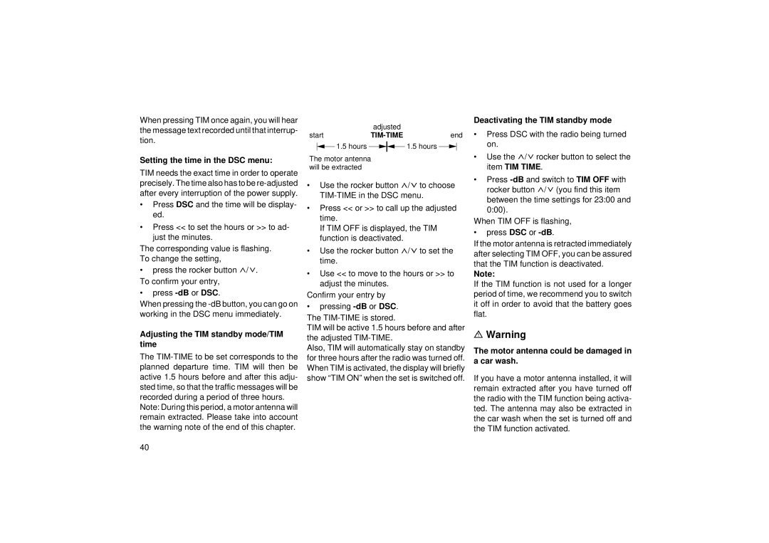 Blaupunkt RCM 104 A operating instructions Setting the time in the DSC menu, Adjusting the TIM standby mode/TIM time 