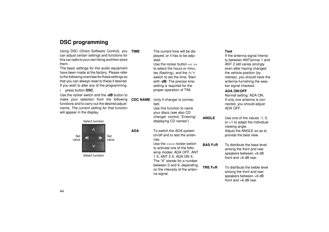 Blaupunkt RCM 104 A operating instructions DSC programming, Time, Test, Ada On/Off 