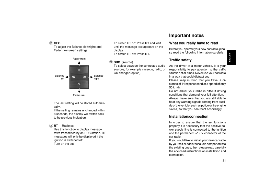 Blaupunkt RCM 104 A Important notes, What you really have to read, Traffic safety, Installation/connection, SRC source 