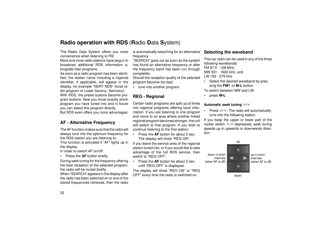 Blaupunkt RCM 104 operating instructions Radio operation with RDS Radio Data System, AF Alternative Frequency, REG Regional 