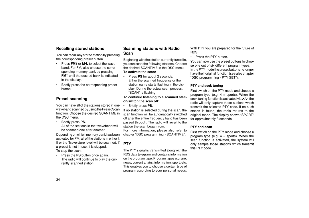 Blaupunkt RCM 104 operating instructions Recalling stored stations, Preset scanning, Scanning stations with Radio Scan 