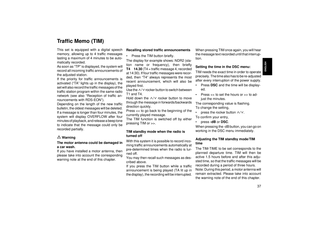 Blaupunkt RCM 104 operating instructions Traffic Memo TIM 