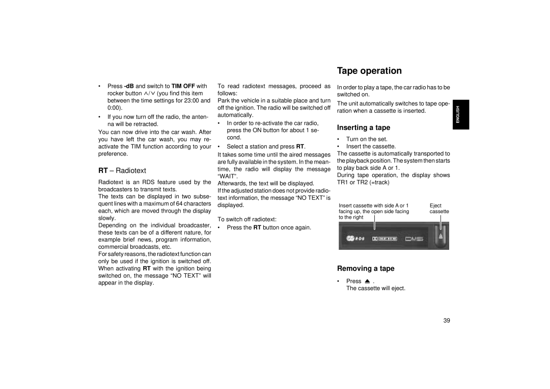 Blaupunkt RCM 104 operating instructions RT Radiotext, Inserting a tape, Removing a tape 