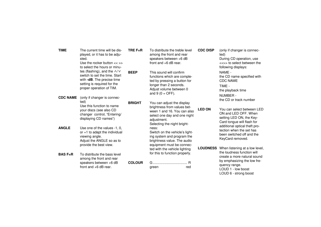 Blaupunkt RCM 104 operating instructions Time, CDC Name, Angle, Bas F=R 