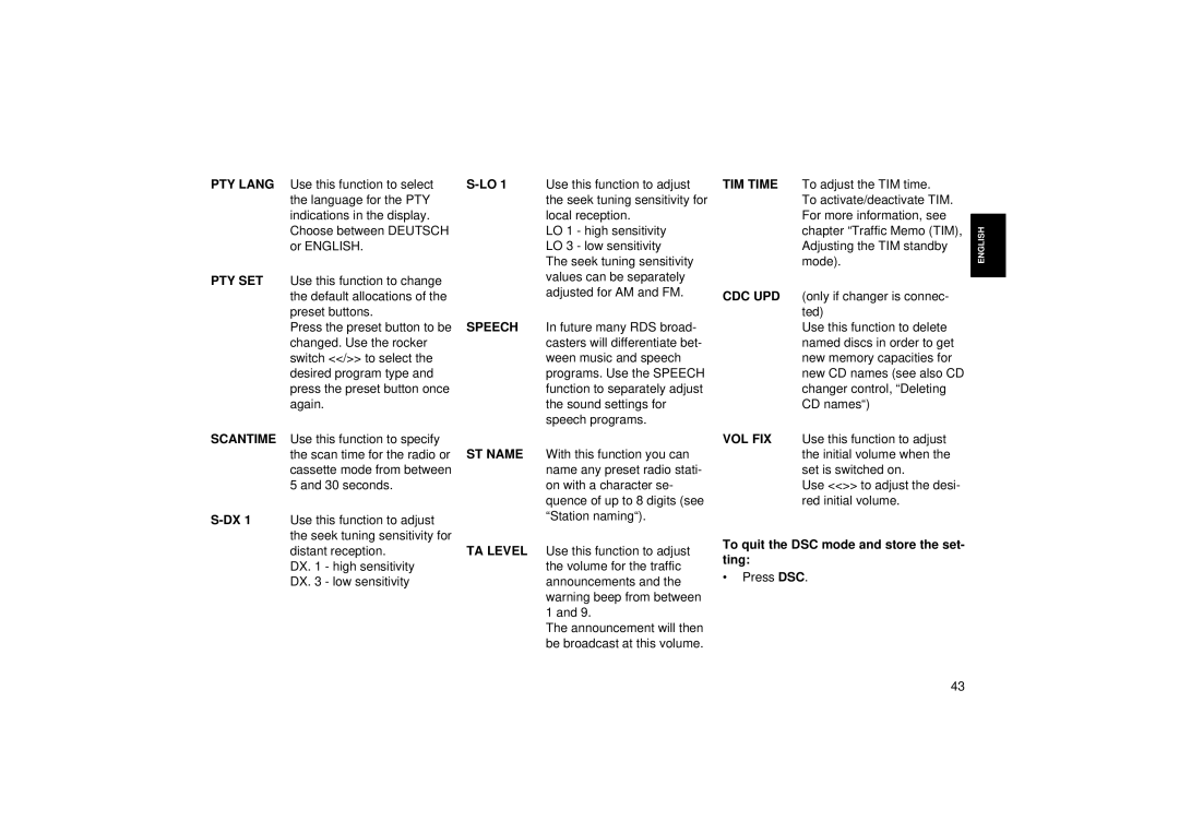 Blaupunkt RCM 104 operating instructions PTY Lang, Pty Set, Speech, Scantime, ST Name, TA Level, TIM Time, Cdc Upd, Vol Fix 