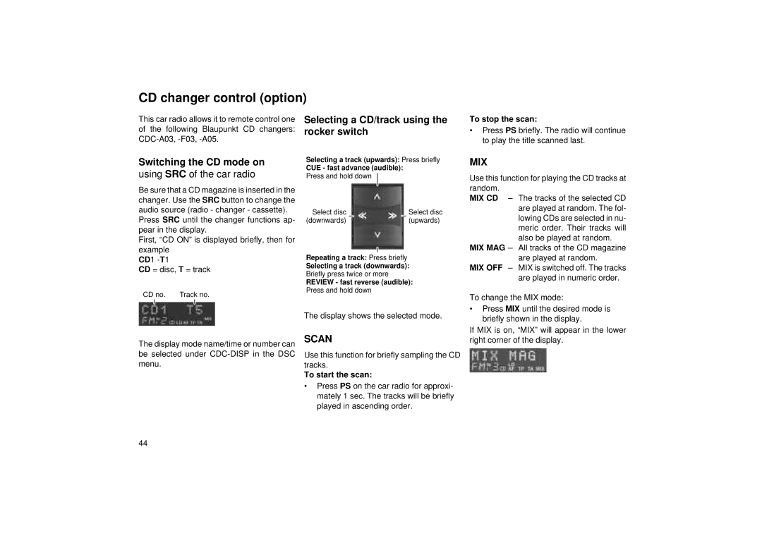 Blaupunkt RCM 104 operating instructions CD changer control option, Switching the CD mode on, Using SRC of the car radio 