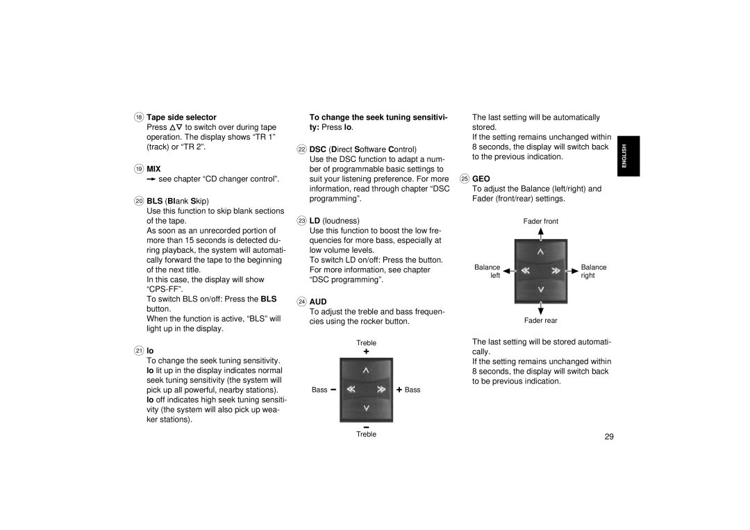 Blaupunkt RCM 104 operating instructions Tape side selector, Mix, To change the seek tuning sensitivi 