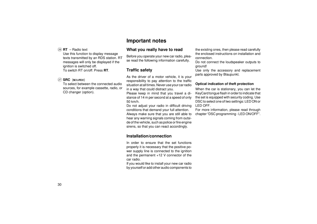 Blaupunkt RCM 104 Important notes, What you really have to read, Traffic safety, Installation/connection 