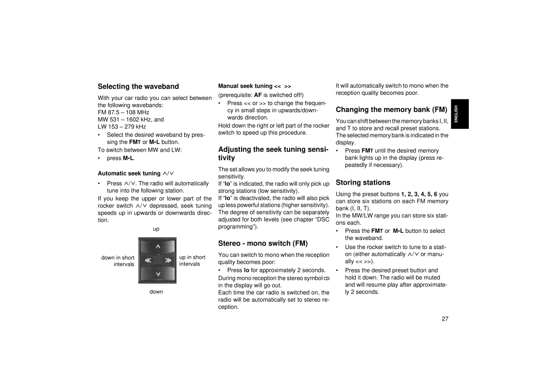 Blaupunkt RCM 104 Selecting the waveband, Adjusting the seek tuning sensi- tivity, Stereo mono switch FM, Storing stations 