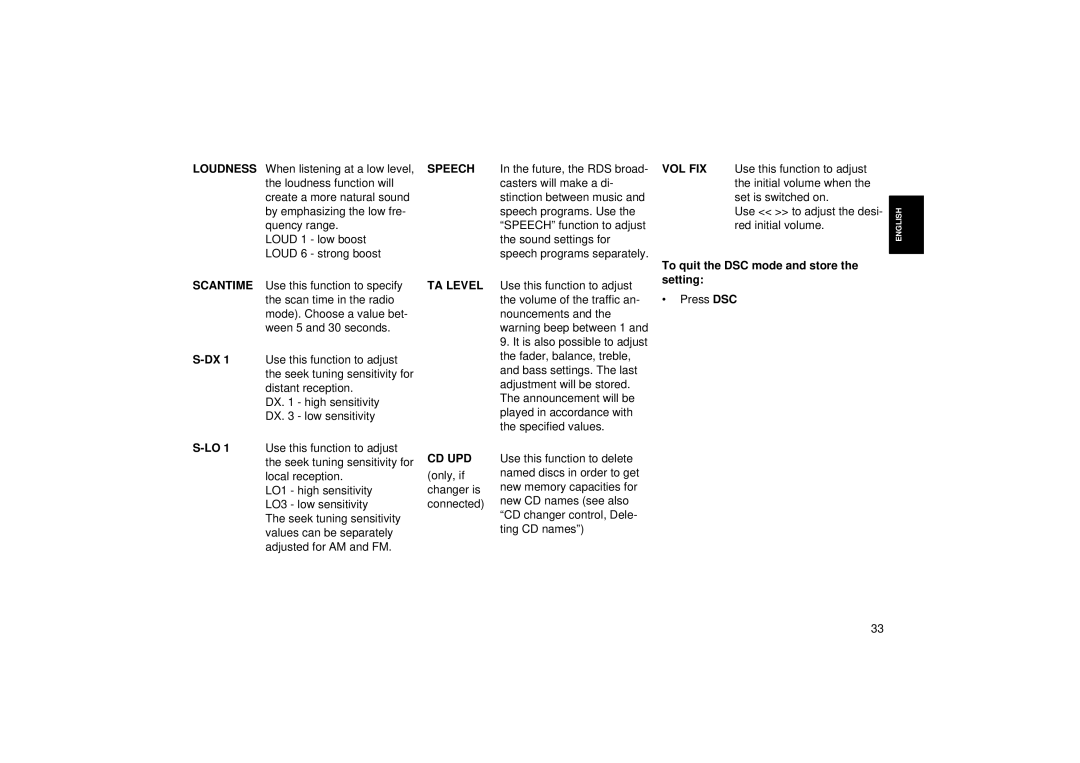 Blaupunkt RCM 104 operating instructions Loudness, Speech, Scantime, TA Level, Cd Upd, Vol Fix 